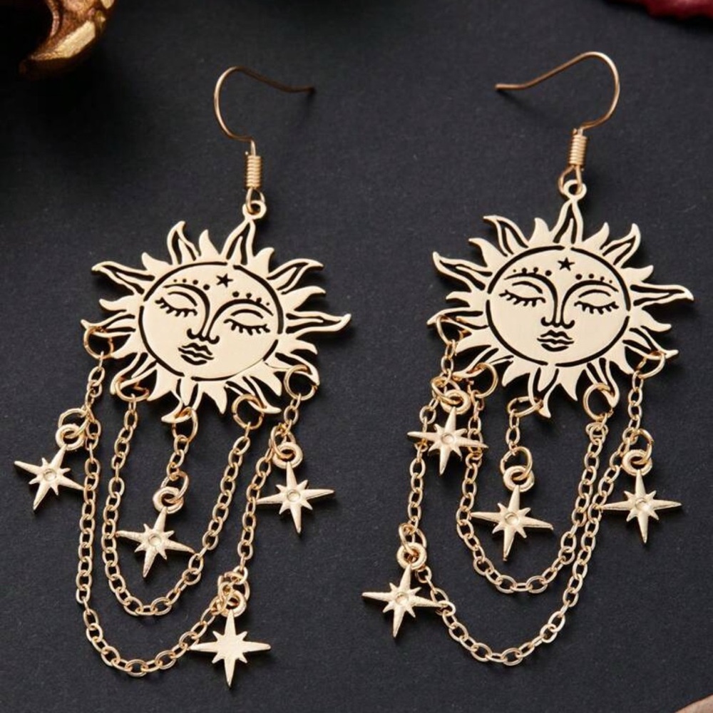Gold Sun and Stars Dangle Earrings
